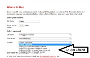 Gluten free Rice Krispies is not in the product locator options but it IS listed on the "discontinued products" link below